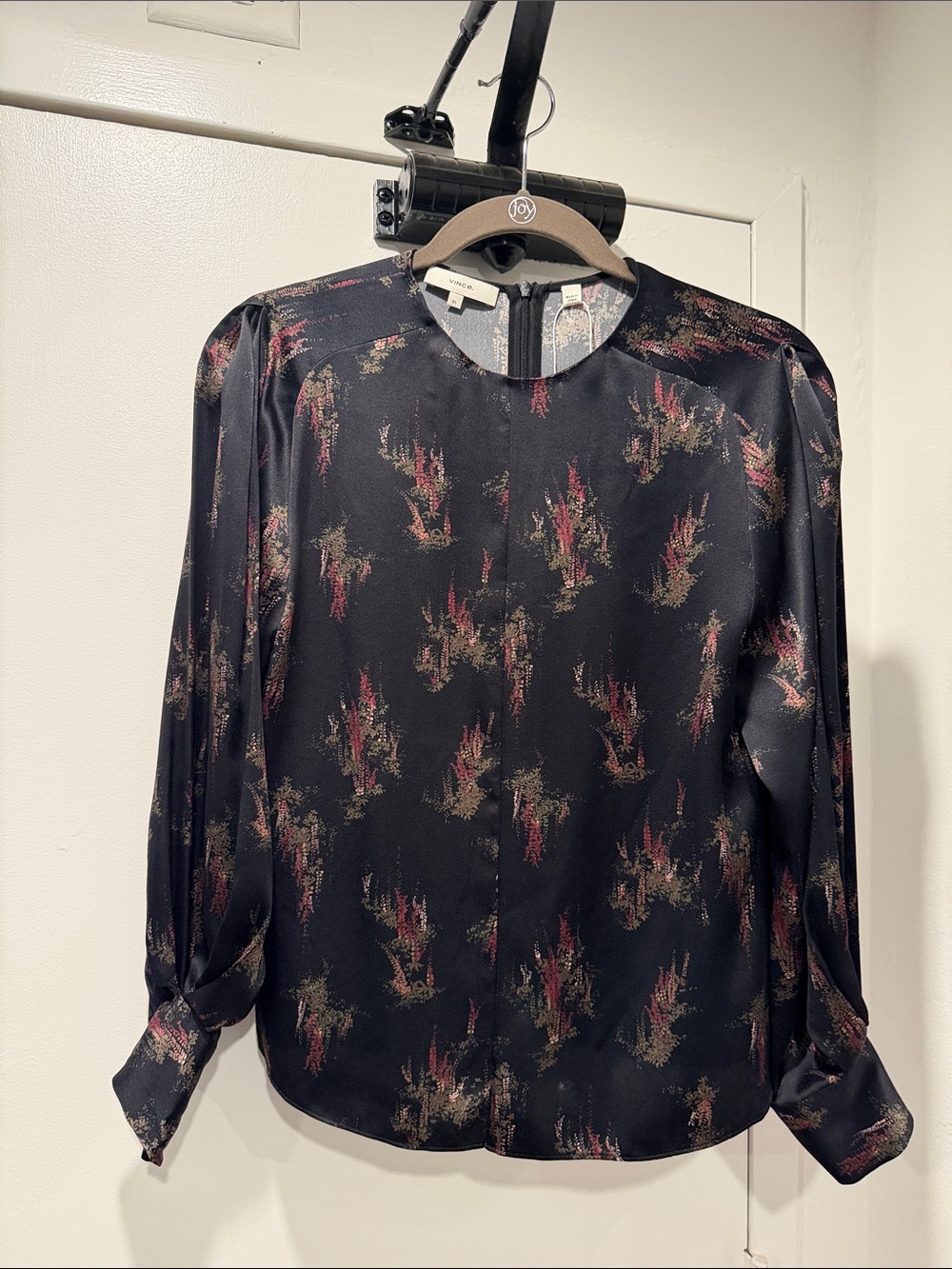 Vince Black Satin-Look Printed Blouse with Red and Green Motif